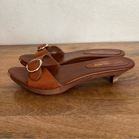 Yves Saint Laurent Rive Gauche Caliente wooden kitten heel sandals brown leather - Picture 5 of 16